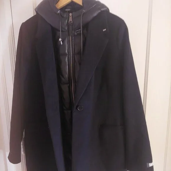 NWT DKNY Black Wool Faux Leather Hooded Bibbed Mixed-Media Blazer Coat XL - Picture 3 of 8